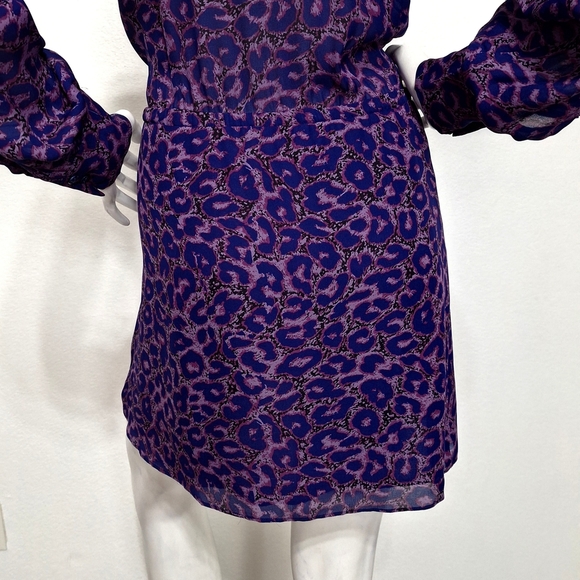 Parker Purple 100% Silk Leopard Print Mobwife Maxamalism Faux Wrap Mini Dress- S - Picture 9 of 15